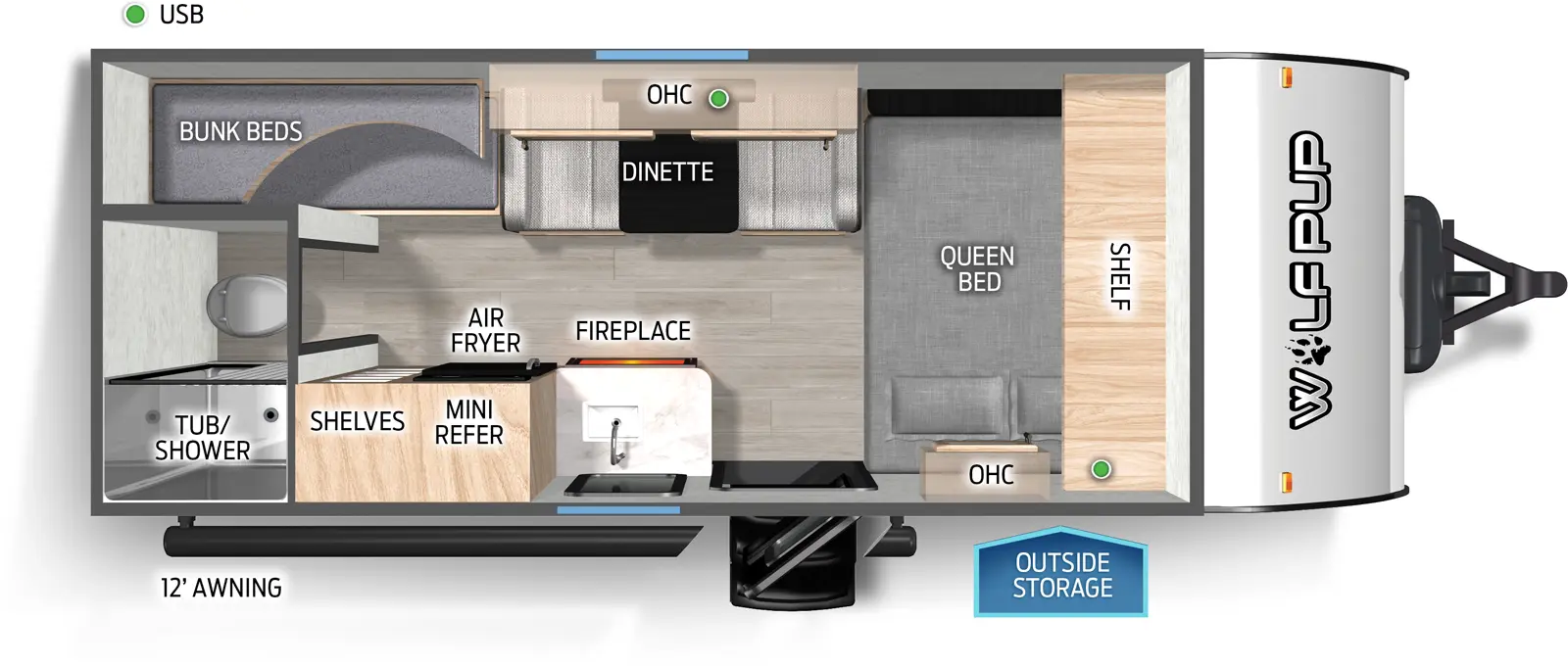 The Wolf Pup 16EV floorplan has one entry and zero slide outs. Exterior features include: metal exterior and 12' awning. Interiors features include: bunk beds and front bedroom.